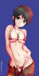 alternate_breast_size belt between_breasts bikini bikini_pull black_hair blue_background breasts collarbone dog_tags eyebrows eyebrows_visible_through_hair franz_(217franz) green_eyes highres kantai_collection large_breasts looking_at_viewer micro_bikini mogami_(kantai_collection) navel red_bikini short_hair shorts shorts_pull side-tie_bikini simple_background solo swimsuit twitter_username untied untied_bikini 