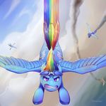  blue_feathers cutie_mark detailed_background equine feathered_wings feathers female feral flying friendship_is_magic google hair hooves mammal multicolored_hair my_little_pony pegasus pink_eyes rainbow_dash_(mlp) rainbow_hair sky teeth viwrastupr wings 