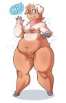  2019 4_fingers anthro areola bandanna belly big_belly blue_eyes breasts brown_fur clitoris deep_navel dialogue domestic_pig english_text eyelashes female floppy_ears fur hair hooves lizardbat_(artist) looking_at_viewer mammal multi_nipple multicolored_fur navel nipples nude open_mouth open_smile overweight overweight_female pussy smile solo speech_bubble standing suid suina sus_(pig) text thick_thighs two_tone_fur waving white_fur wide_hips 