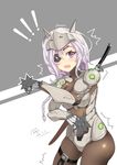  /\/\/\ 1girl 2016 absurdres artist_name bad_id bad_pixiv_id between_fingers blush bodysuit braid breasts commentary_request cosplay cowboy_shot dated eyepatch genji_(overwatch) genji_(overwatch)_(cosplay) grey_background headgear highres horns katana lavender_hair long_hair looking_at_viewer medium_breasts open_mouth overwatch power_armor purple_eyes sheath shuriken simple_background sirius_(zhan_jian_shao_nyu) skin_tight skindentation solo standing sword thigh_strap weapon white_background white_hair zhan_jian_shao_nyu zhudacaimiao 