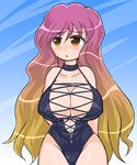  arms_behind_back bare_shoulders breasts cleavage collarbone covered_nipples curvy gradient_hair halterneck highleg highleg_swimsuit hijiri_byakuren huge_breasts long_hair multicolored_hair one-piece_swimsuit solo swimsuit touhou very_long_hair wavy_hair wide_hips winn yellow_eyes 