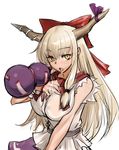 alternate_breast_size blonde_hair bow breasts commentary_request eyebrows eyebrows_visible_through_hair gourd hair_bow horn_ribbon horns ibuki_suika jonylaser large_breasts long_hair looking_at_viewer older open_mouth platinum_blonde_hair purple_ribbon purple_skirt red_bow ribbon sash shirt sidelocks skirt sleeveless sleeveless_shirt solo tongue tongue_out touhou upper_body white_background white_shirt yellow_eyes 