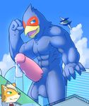  anthro arwing avian bird canine city comic falco_lombardi fox fox_mccloud growth hacony macro male mammal nintendo penis precum size_difference star_fox video_games 