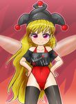  alternate_costume bangs bare_shoulders black_legwear black_shirt blonde_hair closed_mouth clothes_writing clownpiece collarbone covered_navel crop_top fairy_wings hat highleg highleg_leotard jester_cap leotard long_hair looking_at_viewer off_shoulder pink_eyes red_leotard shiny shiny_clothes shirt smile solo standing t-shirt thighhighs touhou very_long_hair wings winn 