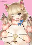  ;d alternate_color animal_ears bare_shoulders breasts brown_eyes brown_hair cat_ears cat_paws claws cleavage cosplay dangerous_beast fate/grand_order fate_(series) hair_ornament hairclip halloween_costume large_breasts mash_kyrielight mash_kyrielight_(cosplay) naik narusawa_ryouka o-ring o-ring_top occultic;nine one_eye_closed open_mouth paws pink_background short_hair simple_background smile solo twitter_username 