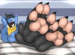  2016 3dinoz 4_toes armpits bed bedroom black_fur black_nose blue_fur blush canine claws digital_media_(artwork) eyes_closed feet foot_fetish foot_focus fur jackal lucario male mammal nintendo on_bed pawpads paws pink_pawpads pok&eacute;mon smile solo toe_claws toes video_games yellow_fur 