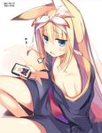  2016 absurdres animal_ears bare_shoulders blonde_hair blue_eyes blush cellphone dated fox_ears fox_tail highres holding holding_phone japanese_clothes kimono long_hair looking_at_viewer nozomi_tsubame off_shoulder open_mouth original phone sitting smartphone solo suzuha_(nozomi_tsubame) tail 