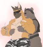  bear biceps blush canine clothed clothing cute dog from_behind_position german_shepherd grizzly_(shirokuma_cafe) grizzly_bear hug kikuro male mammal muscular rock_(kikuro) shirokuma_cafe topless 