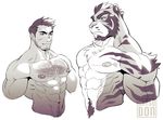  abs anthro body_hair catsudon chest_hair chest_tuft duo eye_contact feline half-length_portrait happy_trail human male male/male mammal muscular navel nipples pecs portrait pubes restricted_palette signature simple_background solo tiger tuft white_background 