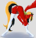  2016 anthro blue_eyes butt clothing equine fan_character female friendship_is_magic fur hooves legwear looking_at_viewer mammal my_little_pony one_eye_closed pegasus pussy red_fur shirt skirt smile solo stockings twotail813 wings 