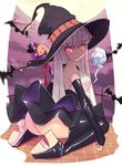  ass bare_shoulders bat blonde_hair breasts candy candy_cane chikokagaku detached_sleeves elbow_gloves food ghost gloves halloween hat high_heels jack-o'-lantern long_hair looking_at_viewer looking_back medium_breasts original red_eyes sitting skirt smile solo symbol-shaped_pupils thighs wariza witch witch_hat 