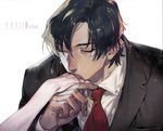  black_hair boku_dake_ga_inai_machi closed_eyes copyright_name formal hand_kiss kiss male_focus necktie pale_skin pigeon666 red_neckwear simple_background solo_focus suit white_background yashiro_gaku 