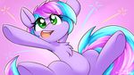  blue_hair dshou equine eyelashes fan_character female feral green_eyes hair hooves mammal my_little_pony nude open_mouth pink_background purple_hair simple_background smile solo teeth 