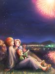  2boys :d aerial_fireworks arm_support bangs blurry bokeh bridge brown_eyes brown_hair candy_apple depth_of_field family fan father_and_son fireworks food geta grass grey_eyes highres himura_kenji himura_kenshin husband_and_wife japanese_clothes kamiya_kaoru kimono long_hair long_sleeves looking_afar looking_up maki_(maki_ruro) mother_and_son multiple_boys night night_sky no_socks on_ground open_mouth outstretched_arm paper_fan people pointing profile red_hair river rurouni_kenshin sitting sky smile star_(sky) uchiwa water yukata 
