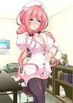  blue_eyes blush breasts cleavage commentary_request hat kuro75268 large_breasts long_hair looking_at_viewer nurse nurse_cap original pink_hair solo thighhighs 