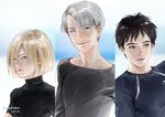  3boys artist_name black_hair blonde_hair blue_eyes green_eyes jane_mere katsuki_yuuri looking_at_viewer male_focus multiple_boys pale_skin realistic silver_hair upper_body viktor_nikiforov yuri!!!_on_ice yuri_plisetsky 