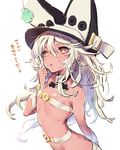  blush breasts dark_skin guilty_gear guilty_gear_xrd hat long_hair navel open_mouth oro_(sumakaita) ramlethal_valentine small_breasts solo translation_request white_hair yellow_eyes 
