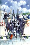  beam_rifle building cannon city cloud day energy_gun eva_01 ground_vehicle highres lance mecha military military_vehicle motor_vehicle mountain neon_genesis_evangelion official_art oldschool polearm production_art prototype sadamoto_yoshiyuki scan science_fiction sketch tank traditional_media weapon 