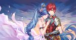  1girl aaeru adol_christin blue_hair brown_gloves closed_eyes collared_shirt cowboy_shot dana_(ys) dress facial_mark forehead_mark gloves grey_eyes highres hug long_hair looking_at_viewer red_hair shirt smile white_dress ys ys_viii_lacrimosa_of_dana 