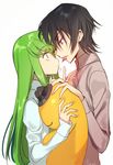  black_hair blush c.c. cheese-kun code_geass couple creayus green_hair hat imminent_kiss lelouch_lamperouge long_hair open_mouth purple_eyes shirt yellow_eyes 