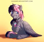  black_hair equine fan_character feathered_wings feathers female feral fur grey_fur hair jewelry ka-samy mammal my_little_pony necklace pegasus pink_hair simple_background sitting smile solo white_background wings 