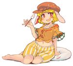  :d =d animal_ears arm_support barefoot blonde_hair blush brown_hair bunny_ears collarbone crop_top cushion dango flat_cap floppy_ears food frilled_shirt frilled_shorts frills full_body hat ini_(inunabe00) looking_at_viewer midriff mochi_(touhou) navel open_mouth orange_shirt orange_shorts red_eyes ringo_(touhou) shirt short_hair short_sleeves shorts simple_background sitting smile solo striped striped_shorts touhou wagashi white_background wide_sleeves yokozuwari 