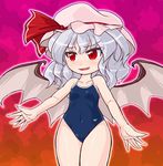  bat_wings collarbone fang hat lavender_hair mob_cap one-piece_swimsuit red_eyes remilia_scarlet smile solo swimsuit touhou wings winn 