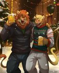 2014 alcohol anthro beer beverage brown_fur brown_hair brown_mane brown_tail christmas christmas_lights christmas_tree claws clothed clothing cougar cup detailed_background digital_media_(artwork) drunk duo evane eyes_closed feline fur hair hi_res holding_cup holding_object holidays hug jacket laugh lion male mammal mane mane_hair mark_(evane) multicolored_fur open_mouth outside pants pink_tongue rabbity romantic_couple signature simon_(evane) snow snowing story story_in_description street sweater tail_tuft teeth tongue tree tuft two_tone_fur walking white_fur 