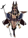  animal_ears belt bike_shorts black_hair breasts cape dark_skin ear_piercing egyptian hair_tubes jewelry long_hair looking_at_viewer midriff navel neck_ring original piercing pink_eyes plate simple_background small_breasts solo staff very_long_hair westxost_(68monkey) white_background 