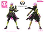  alternate_costume alternate_hairstyle blizzard_(company) character_name clothes_around_waist concept_art copyright_name dark_skin earrings facial_tattoo highres jewelry john_polidora logo los_muertos_sombra midriff mohawk multiple_views navel navel_piercing official_art overwatch piercing pink_hair shoes sneakers sombra_(overwatch) spiked_hair tattoo 