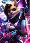  2016 alternate_species anthro black_nose canine clothed clothing female fox fur furrification hair inner_ear_fluff looking_at_viewer mammal multicolored_hair overwatch penguinex purple_eyes smile solo sombra_(overwatch) text url video_games 