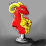  anthro artist_signature breasts dragon female horn muze-meister nipples pedestal scalie shadow simple_background spines yellow_eyes 