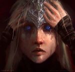  absurdres blonde_hair blue_eyes copyright_name crying dark_souls_iii fire_keeper highres mask mask_on_head sketch solo souls_(from_software) stephen_sykes tears watermark web_address 