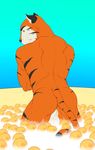  9x9 backsack balls bowl butt cereal feline food frosted_flakes kelloggs looking_at_viewer male mammal milk muscular nude simple_background solo tiger tony_the_tiger 