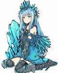  :/ armlet bangs bare_shoulders between_legs black_legwear blue_eyes blue_hair blush breasts cleavage closed_mouth crystal detached_sleeves dress erin_(granblue_fantasy) eyebrows eyebrows_visible_through_hair granblue_fantasy hair_ornament long_hair long_sleeves nagi_099 pointy_ears short_dress simple_background sitting sleeveless sleeveless_dress small_breasts solo thighhighs wariza white_background zettai_ryouiki 
