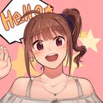  absurdres ahoge blush brown_hair earrings english highres idolmaster idolmaster_million_live! jewelry kamille_(vcx68) looking_at_viewer necklace open_mouth portrait purple_eyes side_ponytail smile solo star yokoyama_nao 
