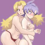  ;q blonde_hair blush breasts convenient_arm convenient_censoring covering covering_breasts earrings embarrassed hug hug_from_behind jewelry large_breasts lila_(pokemon) long_hair multiple_girls nakaba navel one_eye_closed panties pokemon pokemon_(anime) pokemon_(classic_anime) pokemon_(game) pokemon_emerald pokemon_rse purple_background purple_eyes purple_hair purple_panties red_panties short_hair team_rocket tongue tongue_out topless twintails underboob underwear wavy_mouth yamato_(pokemon) yuri 