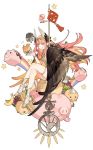  1girl :d banana bird_wings bracelet circe_(fate/grand_order) dated fate/grand_order fate_(series) feathered_wings feathers food fruit grapes hairband happy_new_year headdress heart heart_eyes jewelry legs_crossed long_hair new_year open_mouth open_toe_shoes pig pointy_ears red_hair sitting smile solo staff star starshadowmagician thigh_strap toes white_background winged_hairband wings x_x yellow_eyes 