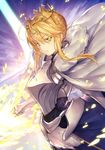  armor artoria_pendragon_(all) artoria_pendragon_(lancer) blonde_hair braid cape crown fate/grand_order fate_(series) green_eyes holding holding_weapon inayama lance polearm rhongomyniad weapon 