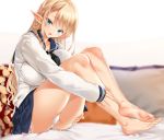  1girl aqua_eyes bare_legs black_neckwear blonde_hair blue_sailor_collar blue_skirt blush braid breasts collarbone ear_blush elf fang feet fingernails french_braid highres kure_masahiro large_breasts legs long_hair long_sleeves looking_at_viewer mole mole_under_eye neckerchief open_mouth original panties pillow pleated_skirt pointy_ears sailor_collar school_uniform serafuku sitting skirt sleeves_past_wrists sweatdrop underwear white_panties white_serafuku 