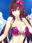  bikini breasts cleavage cloud day eyebrows eyebrows_visible_through_hair fate/grand_order fate_(series) flower hair_flower hair_ornament hibiscus highres kyouki large_breasts long_hair looking_at_viewer nail_polish navel open_mouth outdoors purple_hair purple_nails red_eyes scathach_(fate)_(all) scathach_(swimsuit_assassin)_(fate) sky solo swimsuit upper_body 