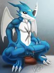  balls crouching digimon dildo dildo_sitting dripping exveemon half-erect horn humanoid_penis looking_at_viewer male masturbation membranous_wings partially_retracted_foreskin penetration penis precum reezythegarchomp scalie sex_toy signature solo spread_legs spreading toying_self uncut wings 