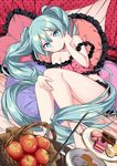  apple aqua_eyes aqua_hair basket bed cake commentary_request food frilled_pillow frills fruit hatsune_miku long_hair looking_at_viewer lying macaron on_side pillow romeo_to_cinderella_(vocaloid) sama solo twintails very_long_hair vocaloid 