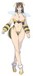  antennae bee_girl bikini blush breasts brown_hair cleavage full_body highleg highleg_bikini insect_girl insect_wings large_breasts legs long_hair looking_at_viewer midriff navel pubic_hair side-tie_bikini simple_background smile solo swimsuit thighs white_background wings yellow_eyes 