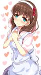  apron blue_eyes bow brown_hair closed_mouth commentary_request eyebrows eyebrows_visible_through_hair hair_bow hairband hands_on_own_chest hands_together head_tilt heart heart-shaped_pupils highres idolmaster idolmaster_cinderella_girls long_hair looking_at_viewer natsu_(anta_tte_hitoha) sakuma_mayu short_sleeves smile solo symbol-shaped_pupils upper_body white_apron white_hairband 