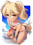  arm_support barefoot bikini blonde_hair blue_bikini blush breasts closed_mouth cloud copyright_name dark_skin day detached_collar dog_tail english eyebrows eyebrows_visible_through_hair folded_twintails from_above full_body glasses hair_between_eyes kneeling neckerchief outside_border retoree rimless_eyewear sailor_collar show_by_rock!! silhouette sky small_breasts solo swimsuit tail tsukana_(saba_mizore) twintails wet yellow_eyes 