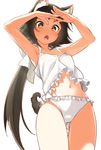  :o animal_ears armpits arms_up ass_visible_through_thighs bare_arms bare_shoulders blush breasts brown_hair camisole cat_ears cat_tail collarbone cowboy_shot frilled_panties frills from_below hair_ribbon hand_on_forehead hatakenaka_(kamagabuchi) long_hair looking_at_viewer looking_down low_ponytail mikakunin_de_shinkoukei mitsumine_mashiro navel open_mouth panties ribbon simple_background sleeveless small_breasts solo standing stomach tail tareme underwear underwear_only white_background white_panties white_ribbon yellow_eyes 