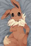  bed_sheet bedding blue_eyes cute eevee feral lying nintendo on_back paws pok&eacute;mon solo video_games ぬこちー 
