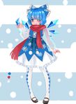  ;p blue_dress blue_eyes blue_hair blush bow cirno colored_eyelashes dress hair_bow highres ice ice_wings mary_janes nomi_mochigome one_eye_closed pantyhose petticoat scarf see-through_sleeves shoes short_hair sleeveless sleeveless_dress solo tongue tongue_out touhou white_legwear wings 