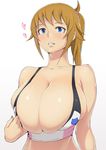  ao_madoushi bare_arms bare_shoulders blue_eyes blush breasts brown_hair bursting_breasts cleavage commentary_request gundam gundam_build_fighters gundam_build_fighters_try heart highres hoshino_fumina huge_breasts looking_at_viewer parted_lips ponytail smile solo tank_top upper_body 